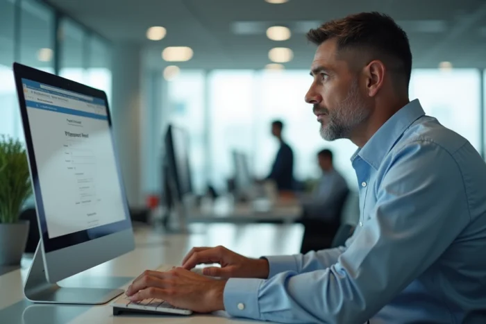Homme au bureau réinitialisant son mot de passe sur un formulaire en ligne pour accéder à son compte