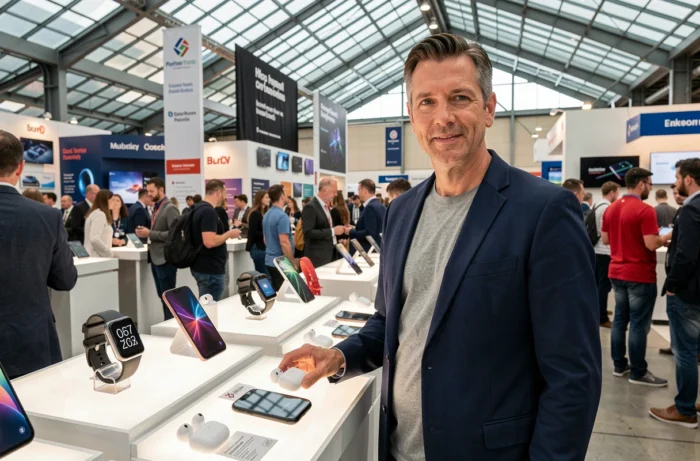 Homme explorant les dernières innovations technologiques lors d'un salon high-tech