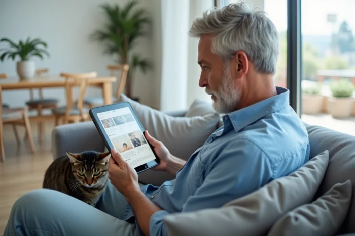 Homme utilisant une tablette pour explorer le plan d'un site web animalier avec un chat à ses côtés