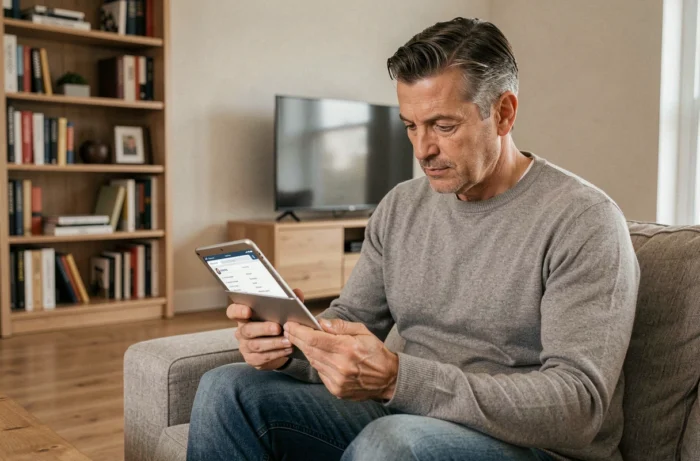 Homme consultant le plan du site Clic Auto sur une tablette dans un salon contemporain