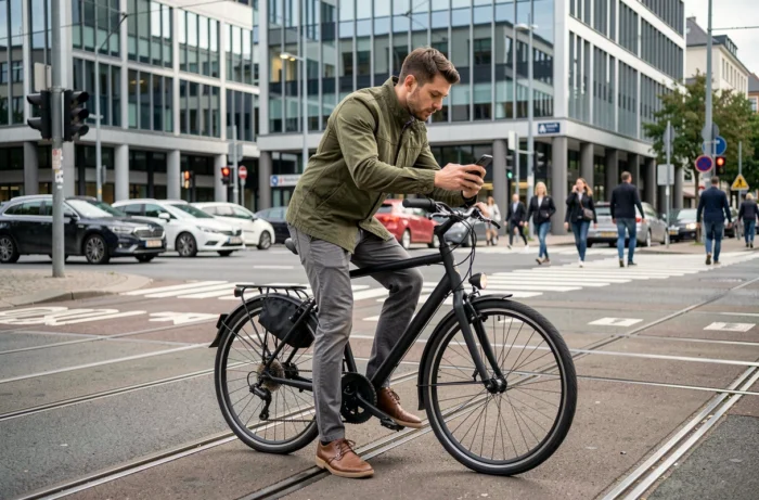 Homme en veste olive sur un vélo urbain à un carrefour de ville européenne, consultant son téléphone monté sur le guidon pour choisir son itinéraire