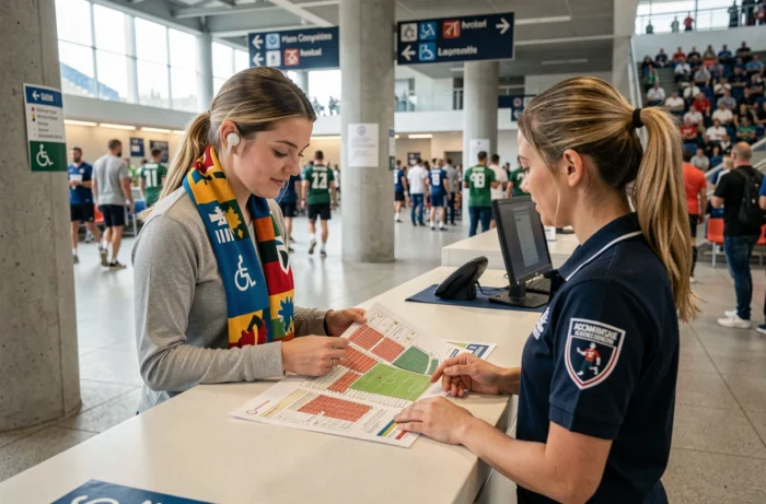 Une femme malentendante consultant un plan des places accessibles au guichet d'information d'un stade