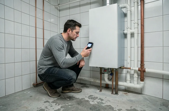 Technicien inspectant une chaudière à condensation performante dans une chaufferie domestique