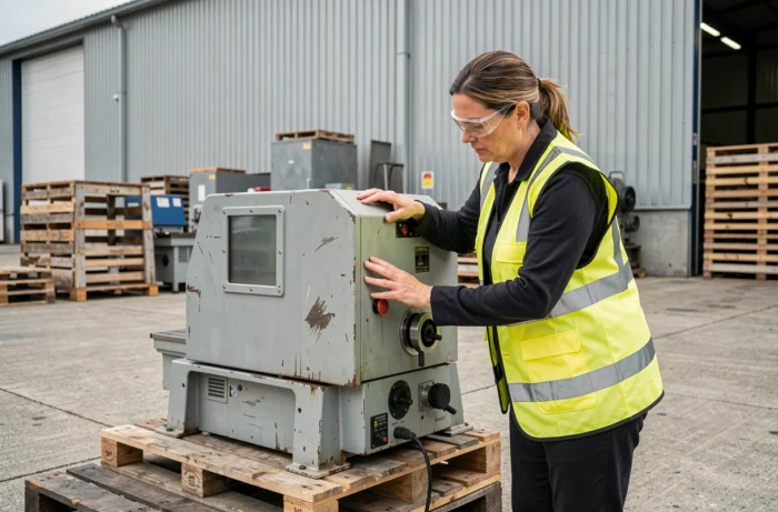 Technicienne inspectant une machine industrielle d'occasion sur palette dans une cour de stockage professionnelle