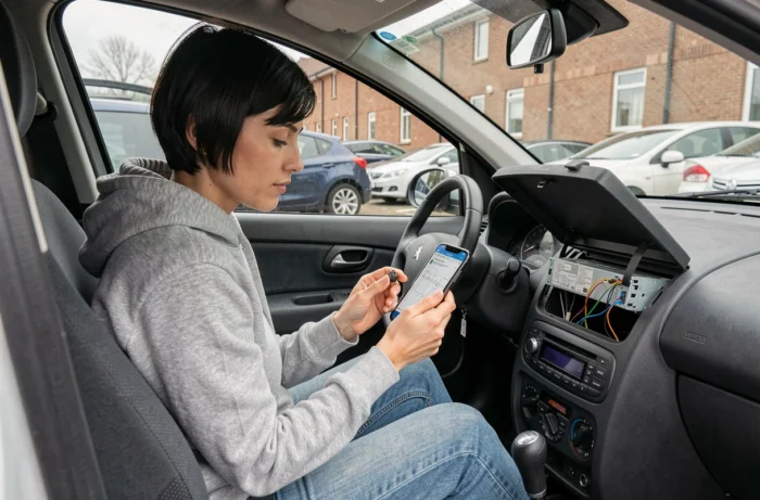 Femme consultant un schéma de câblage sur smartphone lors de l'installation d'un autoradio dans une Peugeot 206