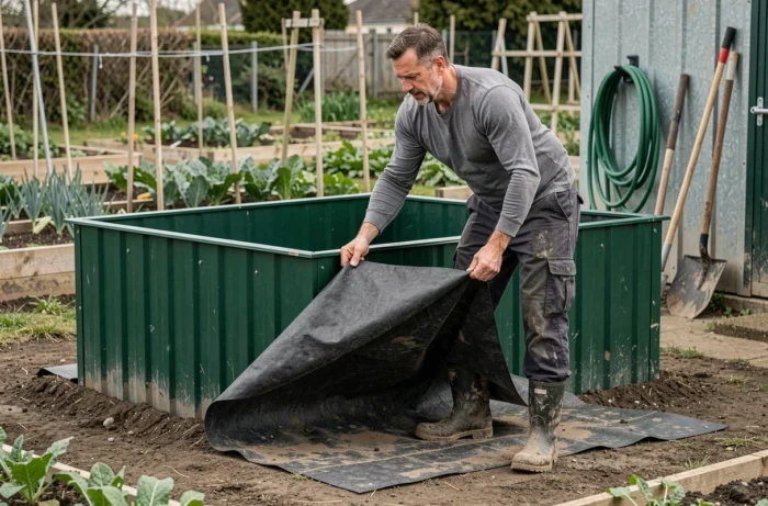 Jardinier installant une membrane anti-racines sous un composteur en métal au potager