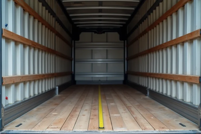 Intérieur vide d'un camion 4m3 avec mesures au sol pour visualiser le volume de chargement