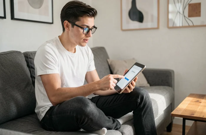 Jeune adulte accédant à son compte webmail sur une tablette depuis son canapé dans un appartement moderne