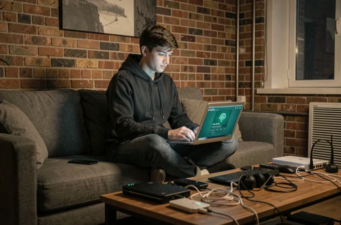 Jeune adulte se connectant à un VPN sur son ordinateur portable dans un appartement urbain pour sécuriser sa navigation en ligne