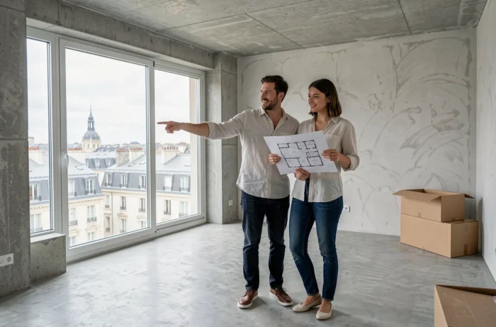 Jeune couple visitant un appartement moderne vide en France avec vue sur les toits de la ville
