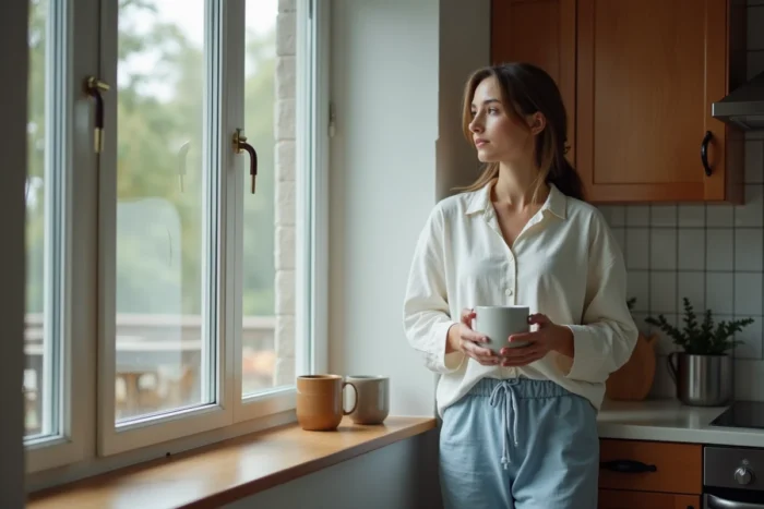 Jeune femme au regard perdu tenant une tasse dans sa cuisine, évoquant l'anxiété et les troubles de l'humeur au quotidien