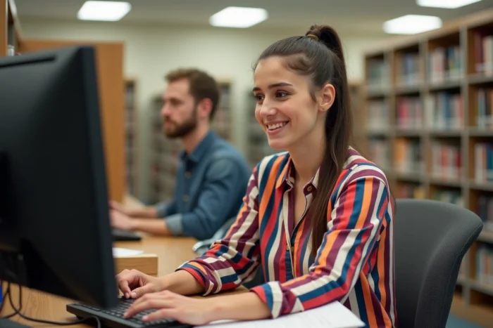 Une jeune femme en situation de handicap utilise un ordinateur en bibliothèque pour gérer son compte protégé en toute autonomie