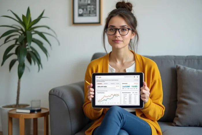 Jeune femme consultant les performances SEO de son site web sur une tablette depuis son salon