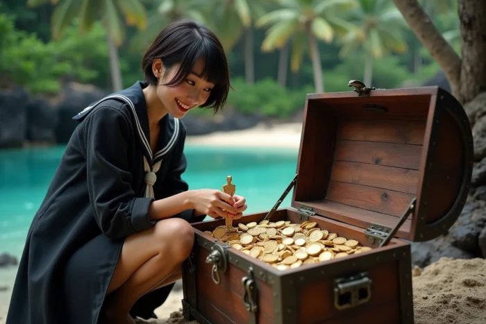 Jeune femme en manteau de marin découvrant un coffre au trésor rempli de pièces d'or sur une plage tropicale rocheuse évoquant les îles de One Piece