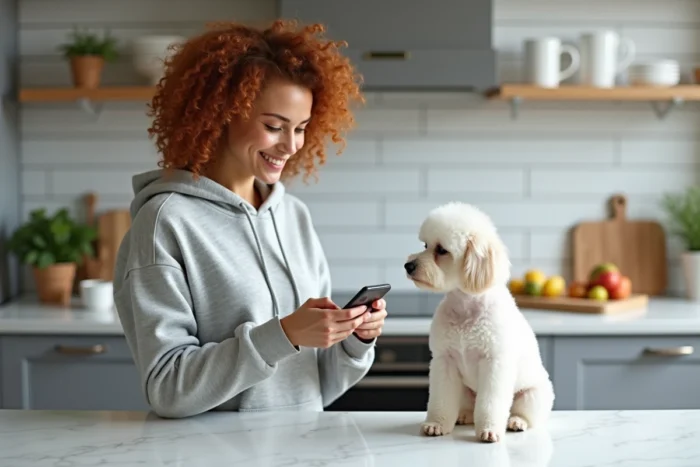 Jeune femme consultant le plan d'un site animalier sur smartphone avec son caniche blanc dans la cuisine