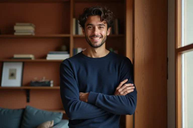 Jeune homme d'une vingtaine d'années aux cheveux bouclés foncés, souriant naturellement dans un appartement parisien moderne avec bibliothèque en arrière-plan