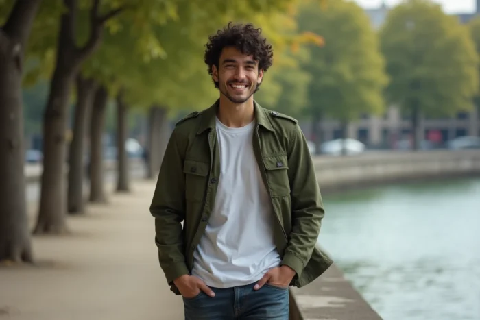 Jeune homme élégant en veste kaki marchant le long des quais de Seine à Paris, cadre urbain authentique et atmosphère documentaire