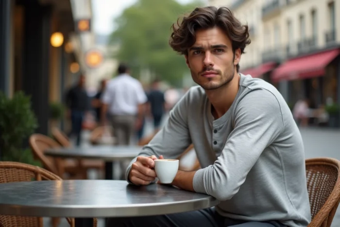 Jeune homme brun aux cheveux bouclés assis en terrasse de café parisien, tenant un expresso dans une atmosphère décontractée et réfléchie
