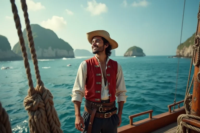 Jeune homme en chapeau de paille au bord d'un navire pirate en bois regardant l'océan avec une expression déterminée, évoquant l'univers de One Piece