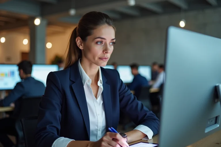 Journaliste femme consultant les actualités du moment sur une tablette dans une salle de rédaction moderne