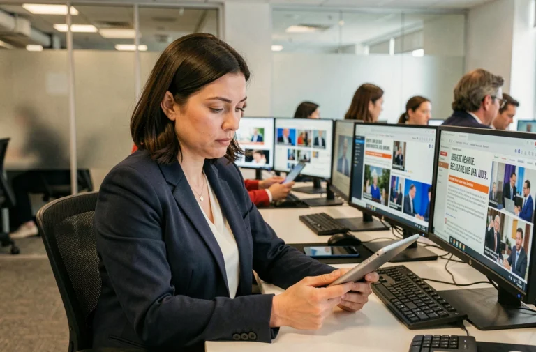 Journaliste femme dans une salle de rédaction moderne entourée d'écrans affichant des actualités en continu