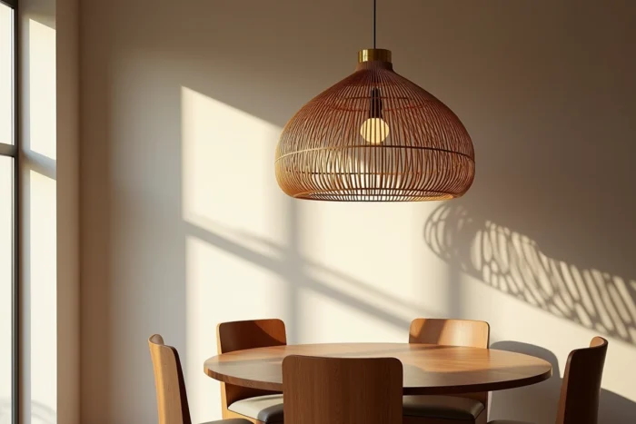Salle à manger avec luminaire sculptural en rotin et laiton suspendu bas au-dessus d'une table ronde en bois comme point focal
