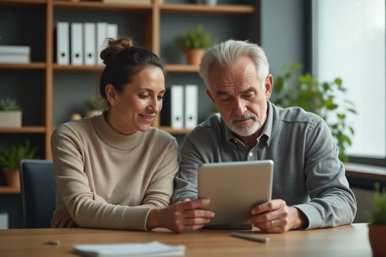 Un travailleur social aide un adulte sous protection juridique à consulter son compte bancaire sur une tablette dans un bureau associatif