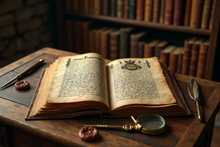 Manuscrit généalogique ancien des rois de France ouvert sur une table en chêne avec des blasons héraldiques calligraphiés à l'encre