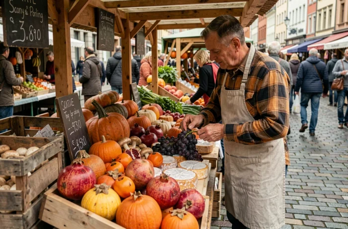Maraîcher en tablier de lin présentant des produits de saison automnaux sur un stand de marché gourmand en plein air