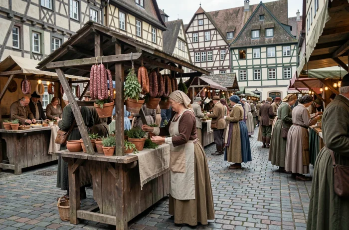 Reconstitution d'un marché médiéval de Francfort au XVe siècle avec vendeur de saucisses en costume d'époque sur pavés et maisons à colombages