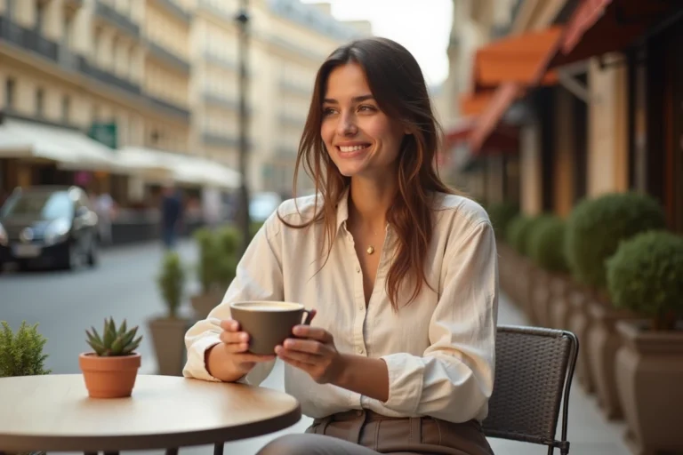 Femme trentenaire souriante attablée à une terrasse de café parisien, évoquant une réflexion sereine sur la vie personnelle et le futur
