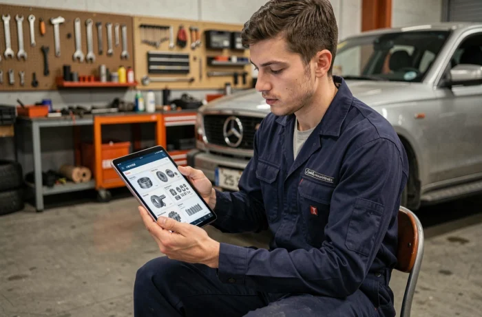 Mécanicien consultant toutes les pages du catalogue Mega REF en un clic depuis une tablette dans un atelier automobile