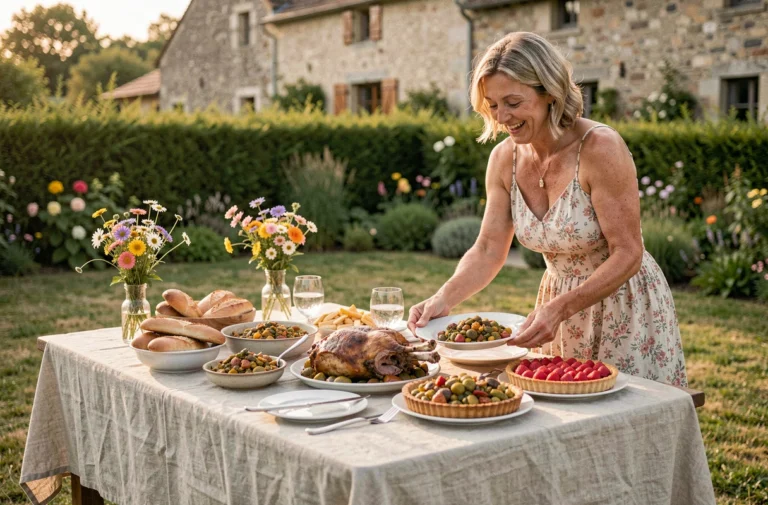 Table de Pentecôte dressée en plein air avec agneau rôti, légumes provençaux et tarte aux fraises dans un jardin de campagne française