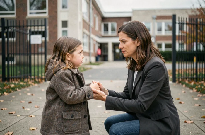 Mère réconfortant sa fille en pleurs devant les grilles de l'école, scène illustrant la phobie scolaire et le soutien parental