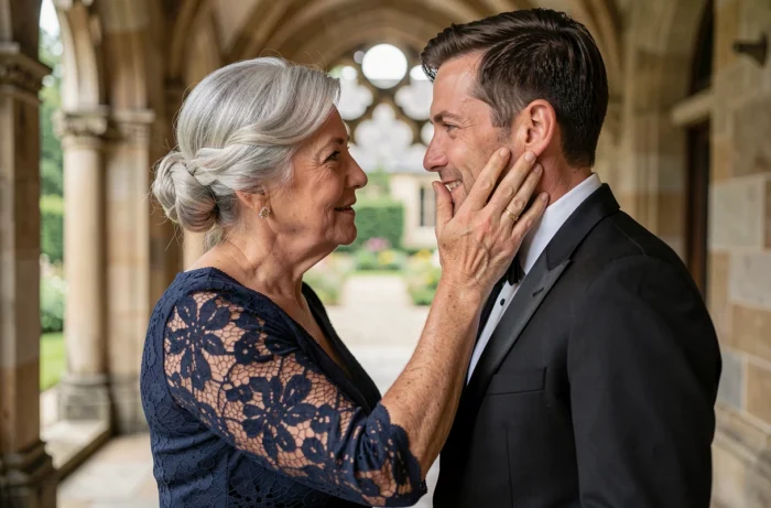 Mère du marié tenant le visage de son fils dans ses mains avant la cérémonie de mariage dans un couloir en pierre