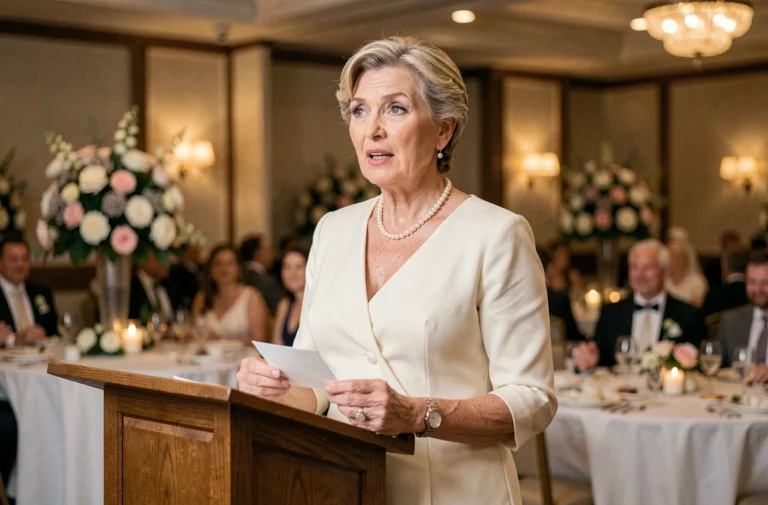 Mère du marié en robe crème faisant son discours émouvant au podium lors de la réception de mariage