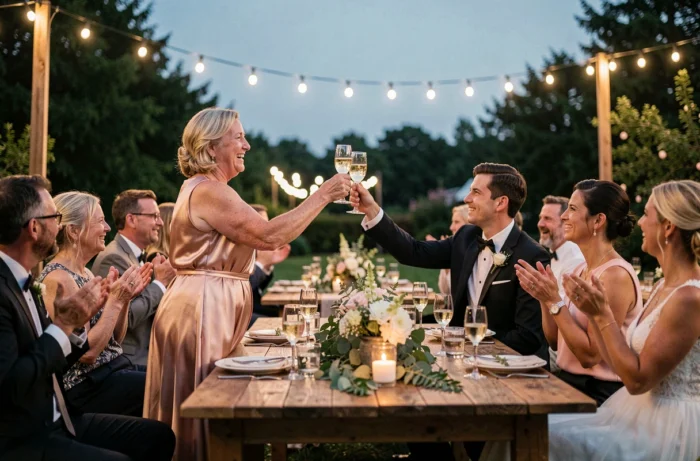 Mère du marié portant un toast avec une coupe de champagne lors d'une réception de mariage en plein air