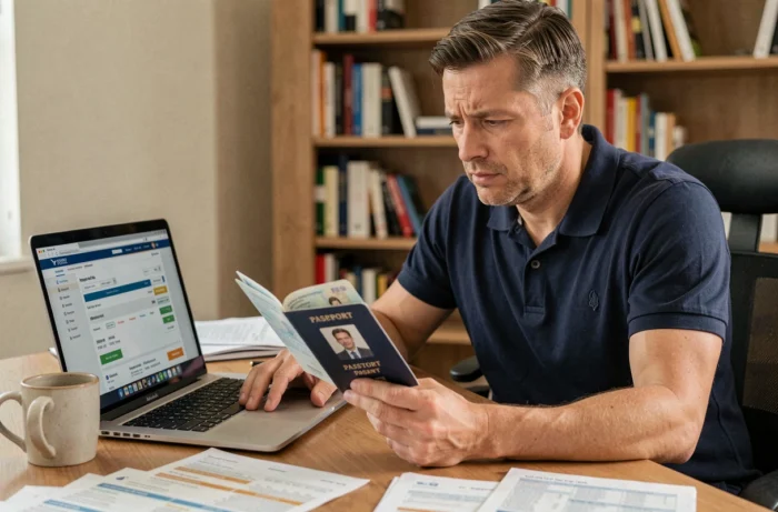 Homme modifiant le nom d'un passager sur le site EasyJet depuis son bureau à domicile avec passeport et ordinateur portable