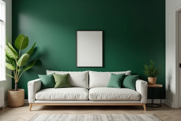 Salon avec mur d'accent en vert forêt profond concentrant le regard derrière un canapé en lin et des œuvres encadrées
