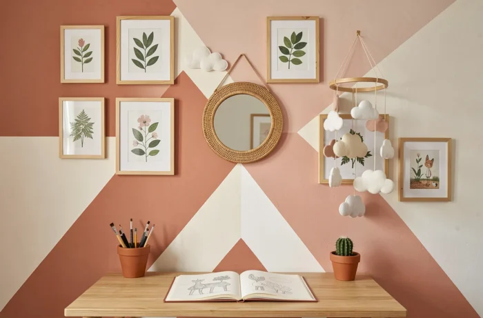 Mur décoré dans une chambre d'enfant avec mural géométrique, galerie de cadres botaniques et mobile en feutre nuageux