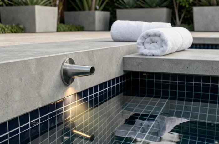Détail des options haut de gamme d'une piscine 100 000 euros avec jets de nage, LED et revêtement mosaïque bleu marine