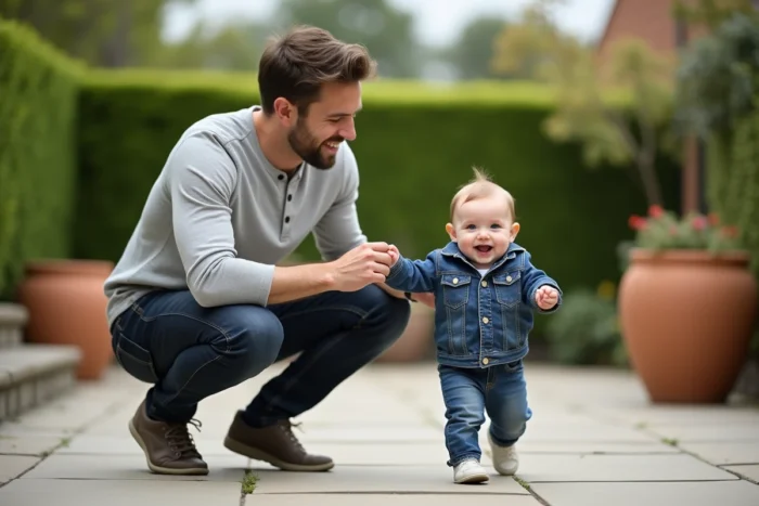 Papa guidant les premiers pas de son bébé dans le jardin familial en plein air