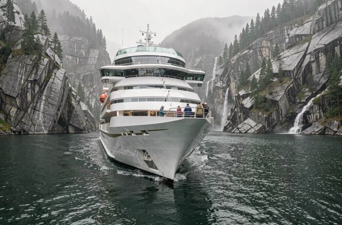 Paquebot de croisière de luxe naviguant dans un fjord norvégien entouré de falaises de granit et de brume matinale