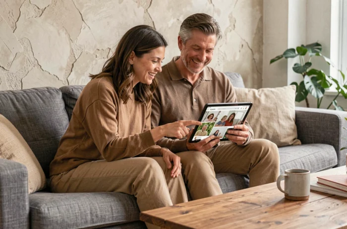 Couple partageant et organisant des photos de famille sur Amazon Photos via une tablette dans un salon