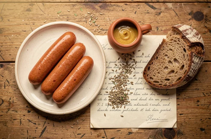 Photographie culinaire en vue de dessus de saucisses de Francfort traditionnelles sur assiette en céramique avec moutarde, carvi et vieille recette manuscrite