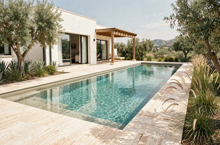 Piscine de luxe à débordement avec plage en travertin dans une villa méditerranéenne haut de gamme à 100 000 euros