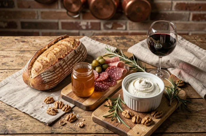 Plateau de dégustation gourmande tendance avec pain au levain, miel à la truffe, charcuterie et vin rouge sur table en bois rustique