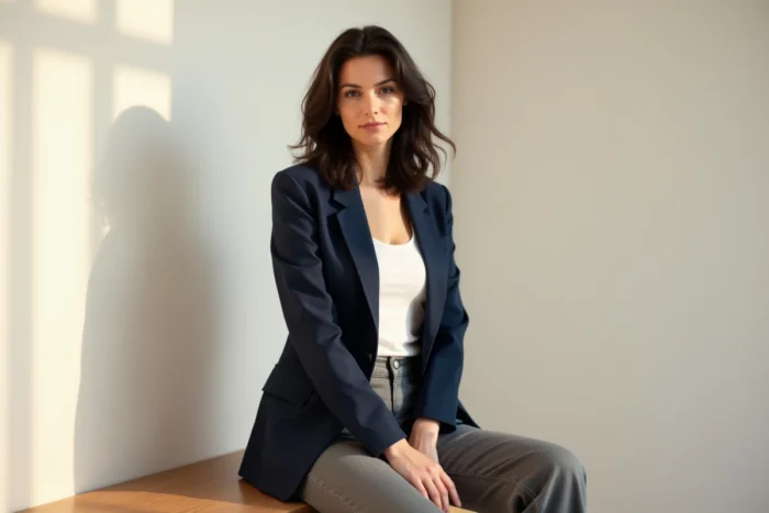 Jeune femme brune en tenue professionnelle assise dans un studio minimaliste, portrait éditorial illustrant la silhouette et les proportions corporelles