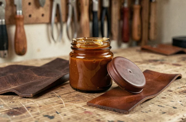 Pot de fiel de bœuf en verre ambré posé sur un établi en chêne avec des pièces de cuir traité et non traité