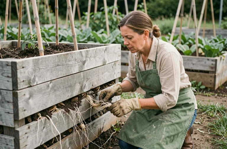 Jardinière inspectant les racines qui envahissent un bac à compost en bois au potager